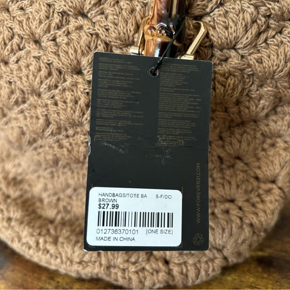 NEW Forever 21 Small Crochet Tote Bag/Crossbody Brown Gold Tan Bamboo Handles - Picture 2 of 5